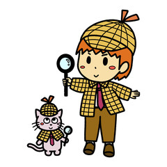 探偵の男の子とネコ　イラスト