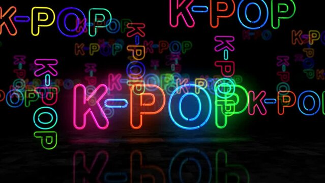 K-Pop Korea neon glowing symbol. Light color bulbs. Entertainment popular Korean music event  abstract concept 3d animation.