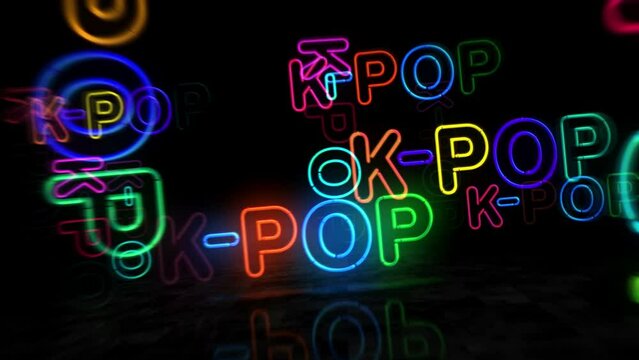 K-Pop Korea neon symbol. Light color bulbs. Entertainment popular Korean music event  abstract seamless and loopable concept. 3d flying through the tunnel animation.