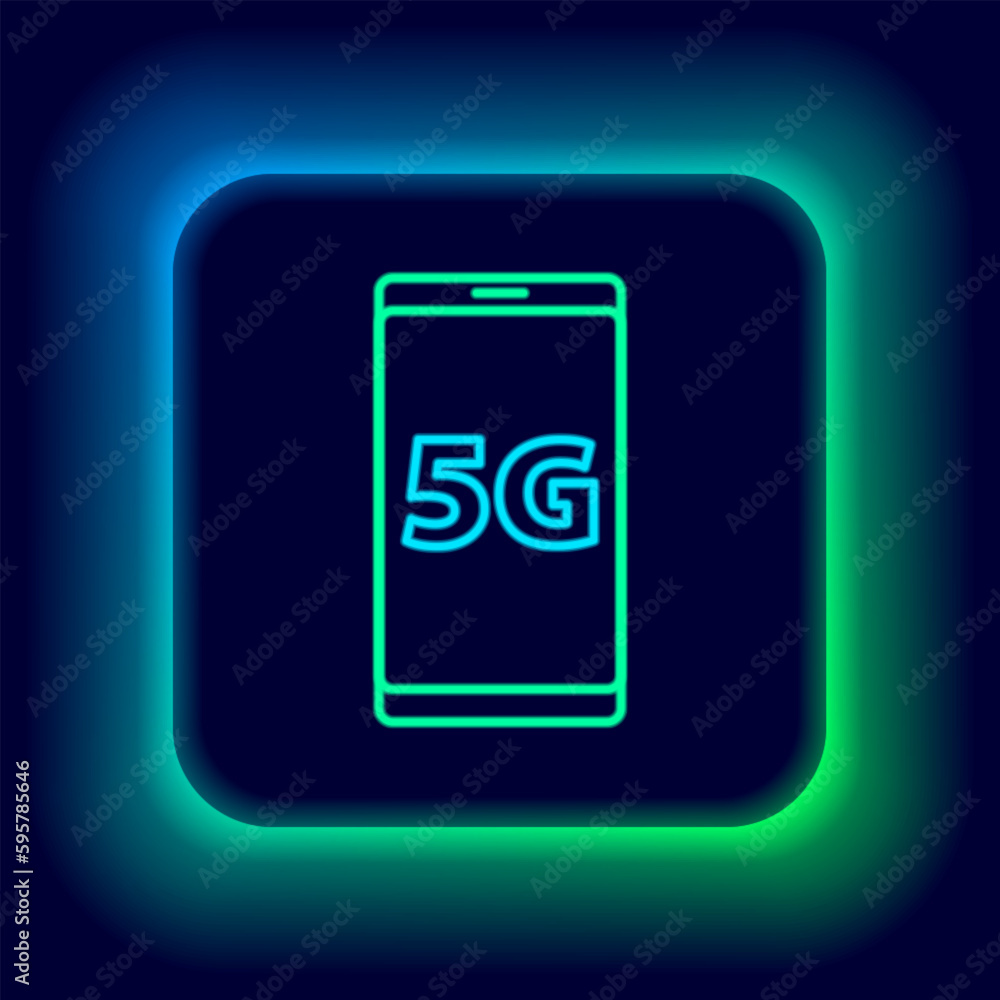 Poster glowing neon line mobile with 5g new wireless internet wifi icon isolated on black background. globa