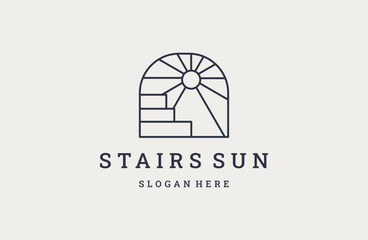 line art sun logo vector design with stairs icon symbol illustration design
