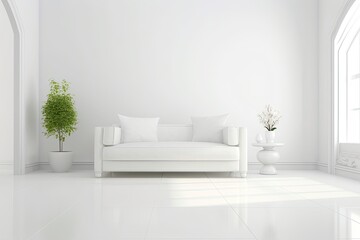 modern living room with a white couch and a green potted plant. Generative AI