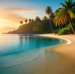 tropical island with many palmtrees, no sunrise or sunset, realistic