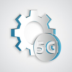 Paper cut Setting 5G new wireless internet wifi connection icon isolated on grey background. Global network high speed connection data rate technology. Paper art style. Vector