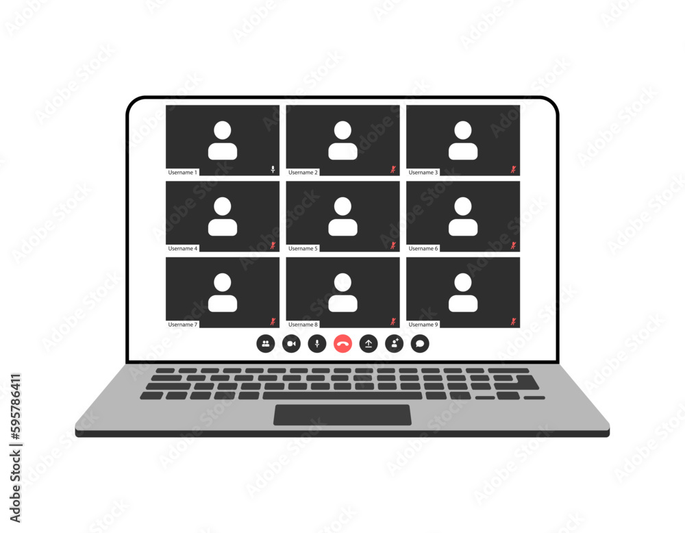 Poster videocall interface, video call screen icons and ui template for laptop, vector overlay. video confe