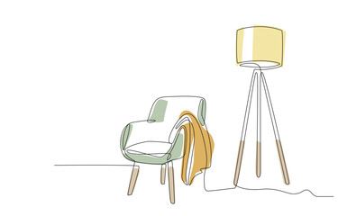 Continuous line drawing of armchair, plaid, floor lamp. One line of cozy interior Living room with modern furniture. Single line Hand draw contour of indoor furniture. Doodle vector illustration