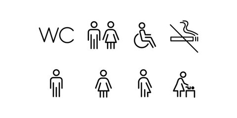 Toilet line icon set. WC sign. Men,women,mother with baby and handicap symbol. Restroom for male, female, transgender, disabled. Vector graphics