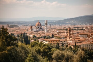 Vertical view of Florence, Italy's architecture from nearby hill. Generative AI