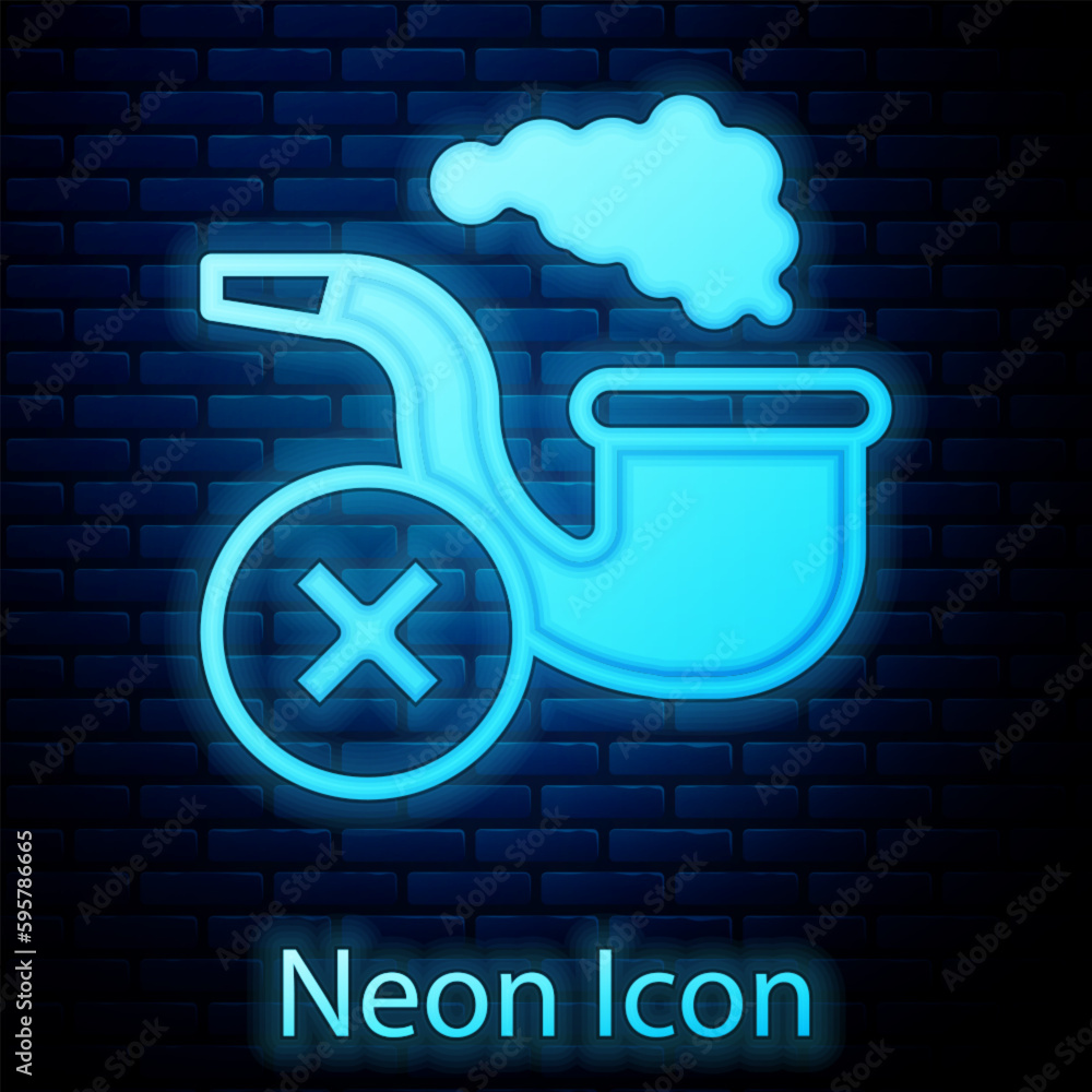 Poster glowing neon smoking pipe with smoke icon isolated on brick wall background. tobacco pipe. vector