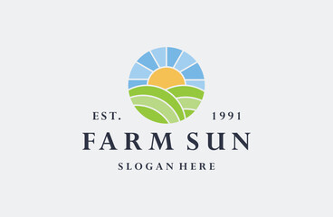 Farm sun logo vector icon illustration hipster vintage retro .