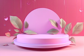 circular foliage arrangement on a pink background. Generative AI
