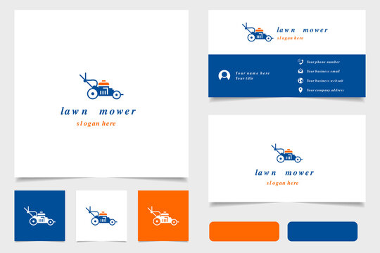Lawn mower logo design with editable slogan. Branding book and business card template.
