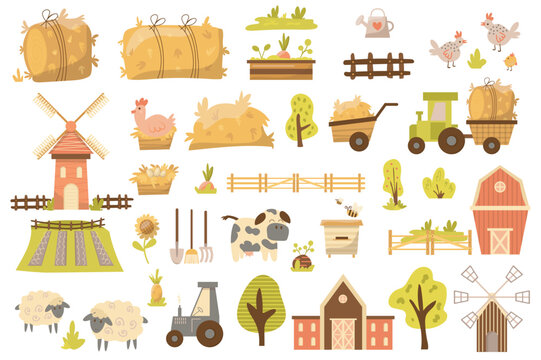 Farming mega set elements in flat design. Bundle of growing vegetables, poultry farming, animal husbandry, horticulture, beekeeping, harvesting, farmland. Vector illustration isolated graphic objects
