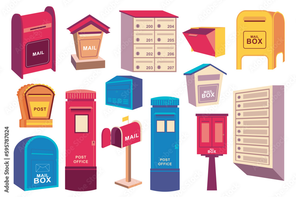 Fototapete retro mail boxes mega set elements in flat design. bundle of different shapes and colors vintage tra
