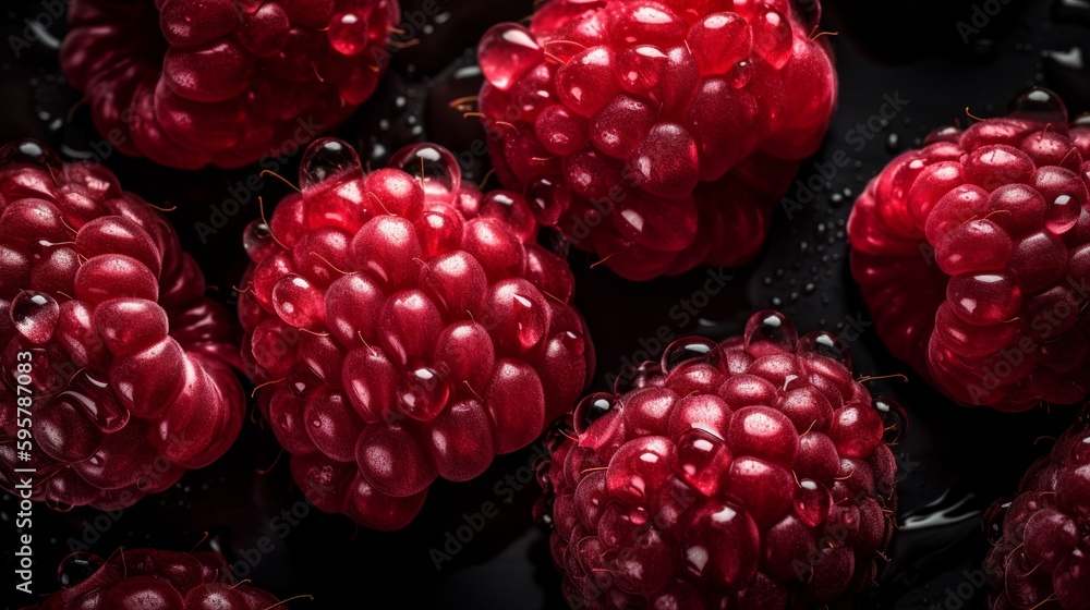 Poster raspberry background in realistic style on black background. summer season background. photorealisti