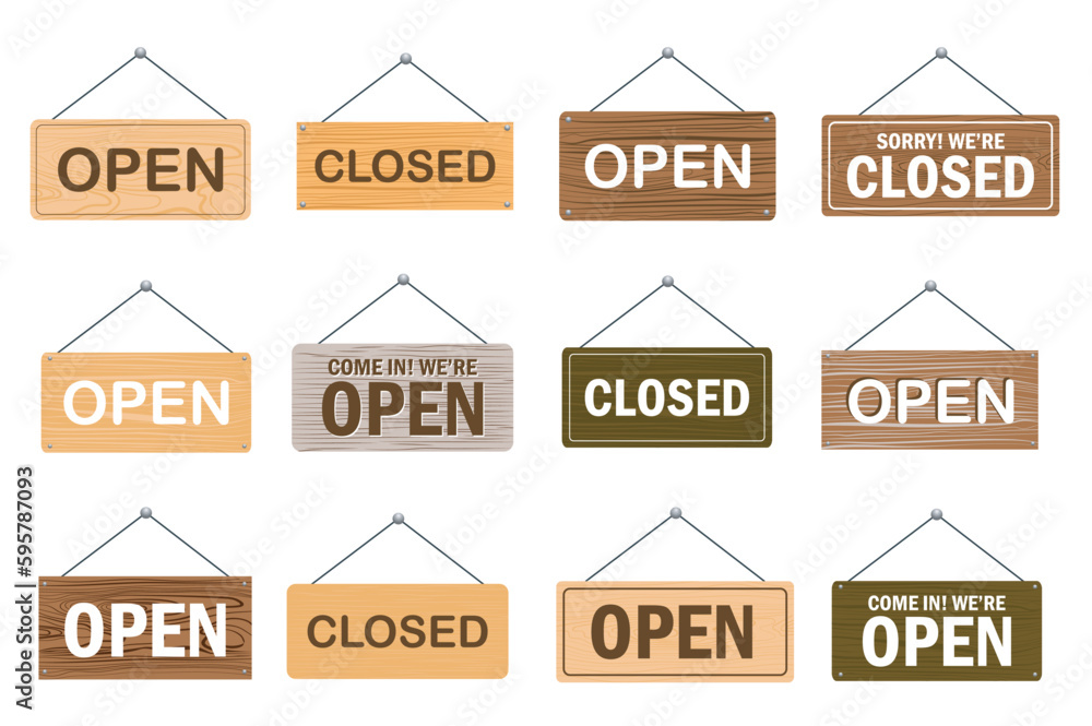 Aufkleber open and closed signboards mega set elements in flat design. bundle of wooden board plates with text