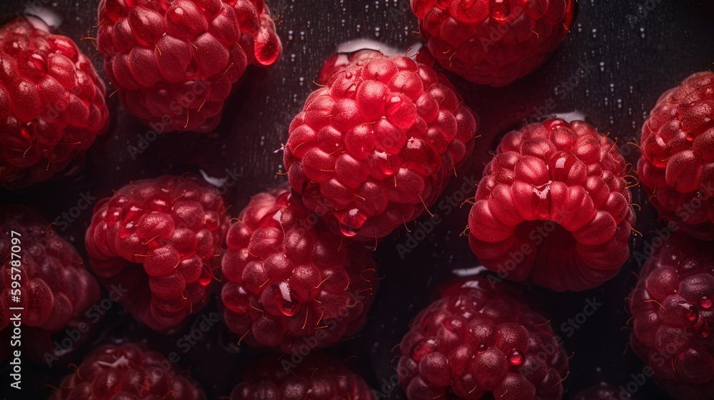 Poster raspberry background in realistic style on black background. summer season background. photorealisti