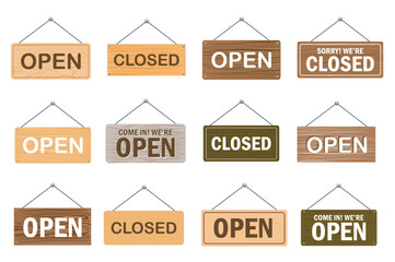 Open and closed signboards mega set elements in flat design. Bundle of wooden board plates with text message to clients for hanging at shops entrances. Vector illustration isolated graphic objects