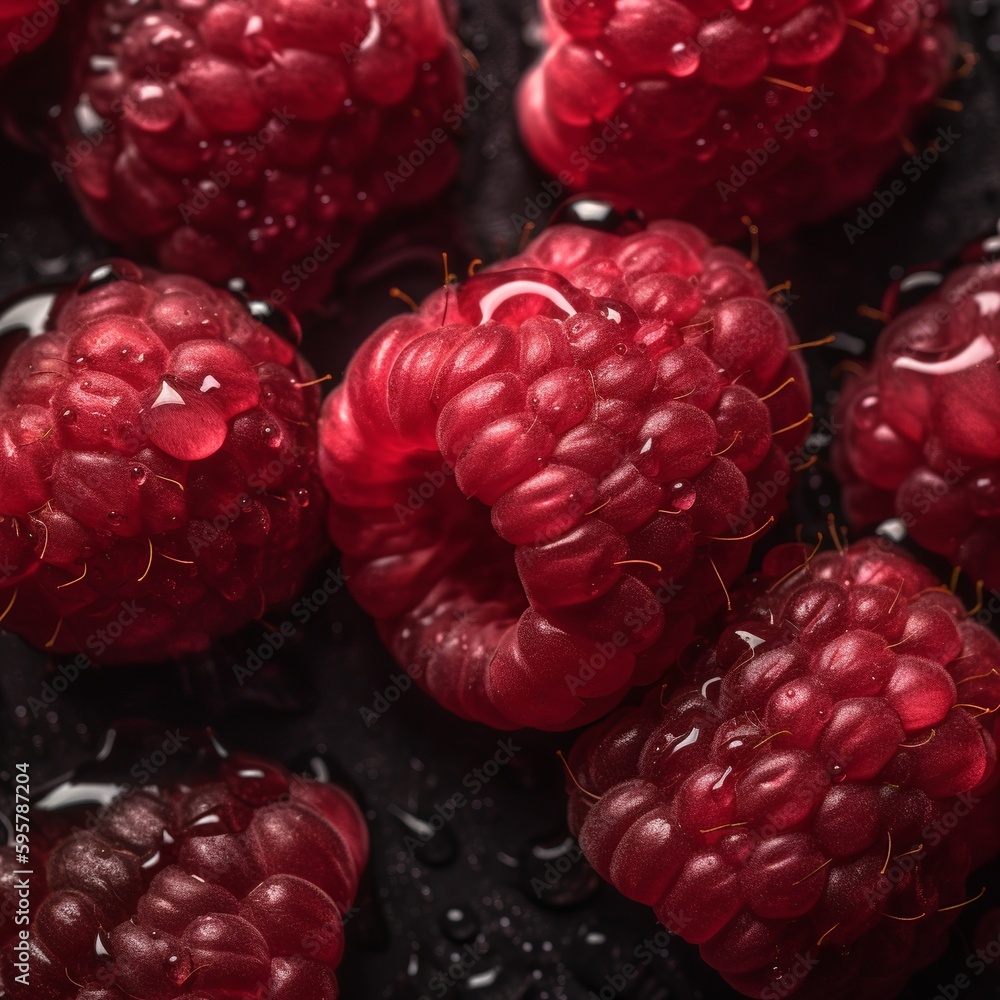 Poster raspberry background in realistic style on black background. summer season background. photorealisti
