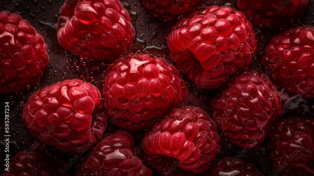 Poster raspberry background in realistic style on black background. summer season background. photorealisti