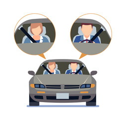 Driving regulations, man and woman in car wearing seat belt. Vehicle safety rules. Driver and passenger inside automobile, couple in auto front view. Cartoon flat style vector concept