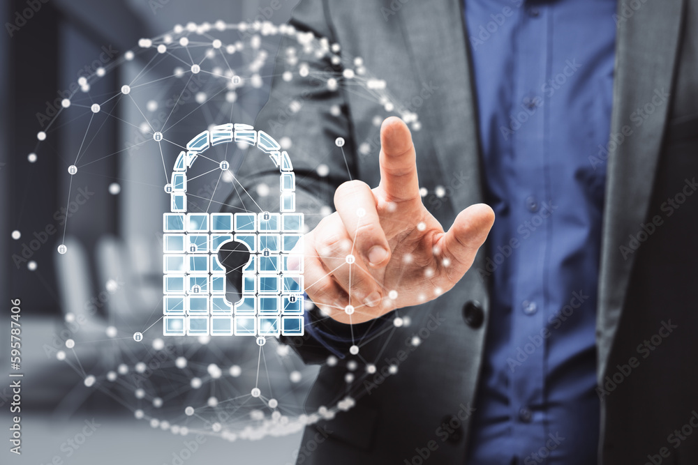 Poster Close up of businessman hand pointing at abstract glowing padlock shield inside polygonal sphere on blurry office interior background. Secure, protection and safety concept. Double exposure.