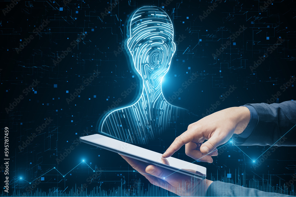 Poster Close up of businessman hand pointing at mobile phone with abstract digital fingerprint man or person silhouette on blurry blue background. Identity, technology and secure concept.