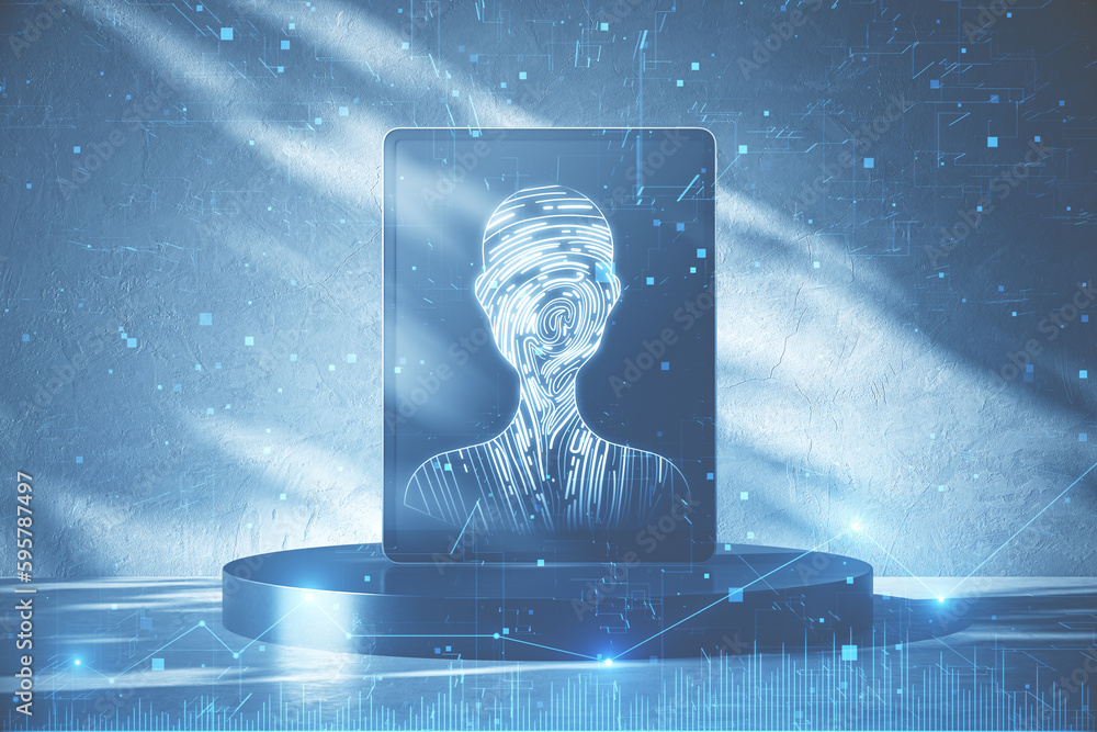 Poster close up of tablet on pedestal with abstract digital fingerprint man or person silhouette on blurry 