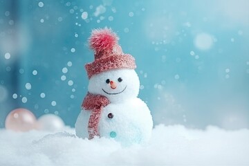 Fototapeta premium cheerful snowman with a red winter outfi. Generative AI