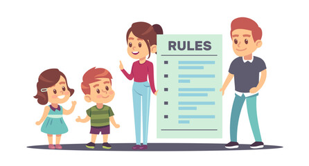 Family rules, mother and father tell son and daughter about rules in home. Huge checklist, little brother and sister, parenthood and relationships. Cartoon flat isolated vector concept