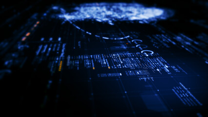 Futuristic abstract de-focus flowing data matrix, telemetry and encrypt numbers display with particles simulation for head up display in cyber space environment background