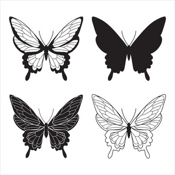 Set of 4 hand drawn butterflies. Outline and silhouette butterflies for web, invitations, greeting cards, wall frames, posters, etc.
