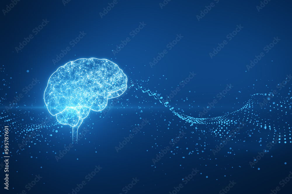 Poster creative glowing polygonal brain hologram on blurry blue background. neurology research, artificial 