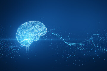 Creative glowing polygonal brain hologram on blurry blue background. Neurology research, artificial intelligence concept. 3D Rendering.