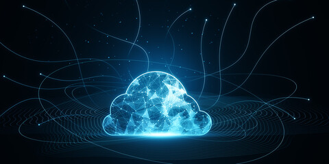 Digital polygonal cloud with lines on blue wallpaper. Cloud storage and computing concept. 3D Rendering.