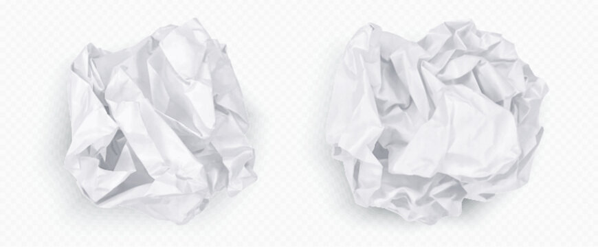 Crumple paper ball, white 3d crinkle trash vector isolated on transparent background. Waste scrunch garbage icon set. Realistic wrinkled page. Messy throw rumple grunge sheet. Mistake in document