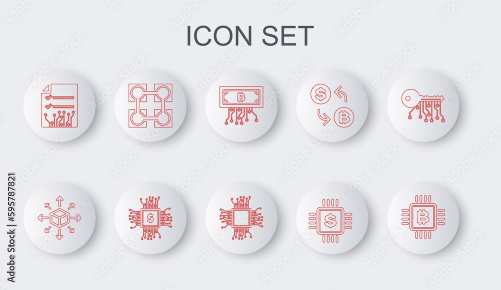 Poster set line cpu mining farm, distribution, cryptocurrency bitcoin with circuit, processor chip dollar, 