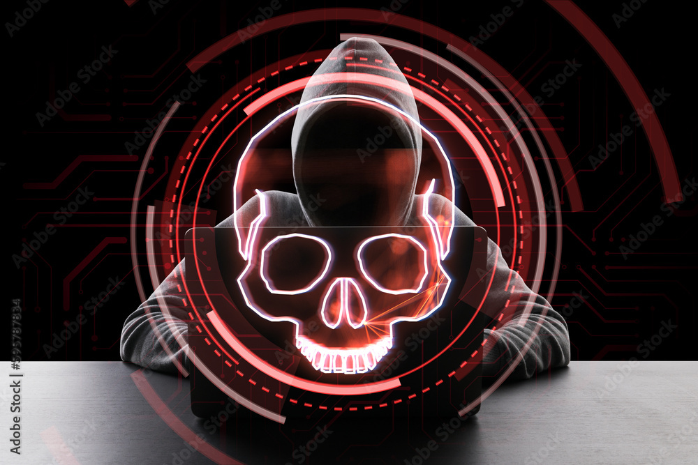 Poster hacker at desktop using laptop with digital red skull hologram on dark background. ransomeware, viru