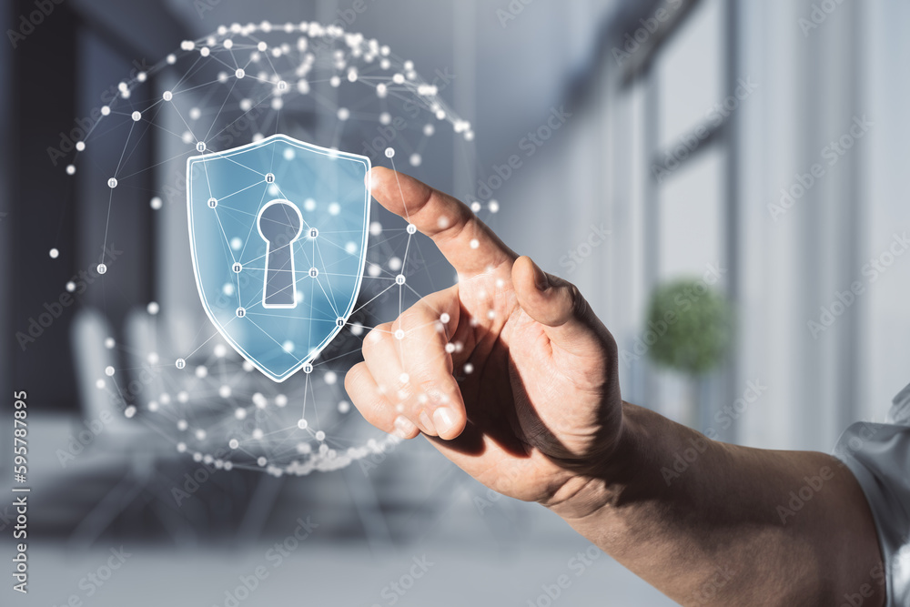 Poster close up of male hand pointing at abstract glowing padlock shield inside polygonal sphere on blurry 