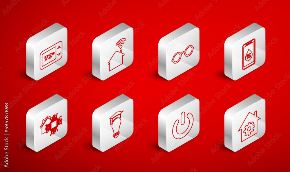 Sticker Set line Smart home settings, with wi-fi, Glasses, Humidity for smart, Power button, Thermostat, Light bulb and graduation cap and icon. Vector