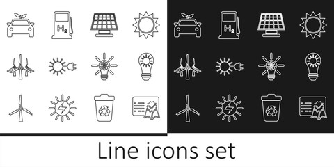 Set line Certificate template, Solar energy panel, Sun with electric plug, Wind turbines, Eco car concept drive, Light bulb gear and Hydrogen filling station icon. Vector