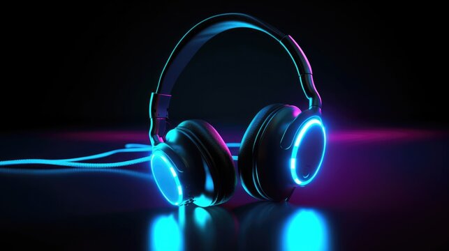 Futuristic Headphones with multicolored Neon lights Generative AI.