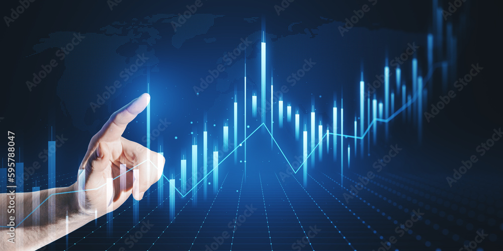 Poster close up of man hand pointing at growing business chart on blurry background. business strategy deve