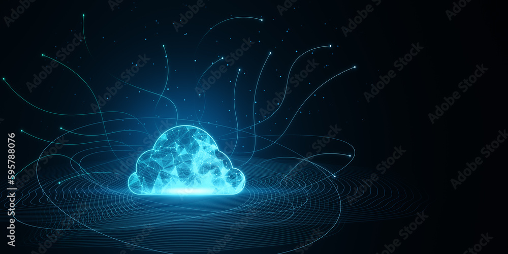 Poster Digital polygonal cloud with lines on blue backdrop. Cloud storage and computing concept. 3D Rendering.
