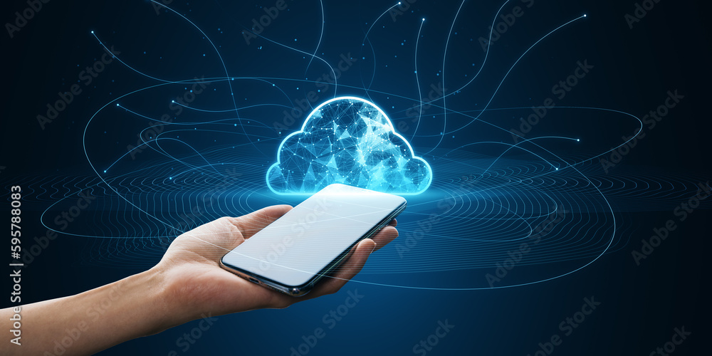 Poster close up of female hand holding cellphone with digital polygonal cloud with lines on blue background