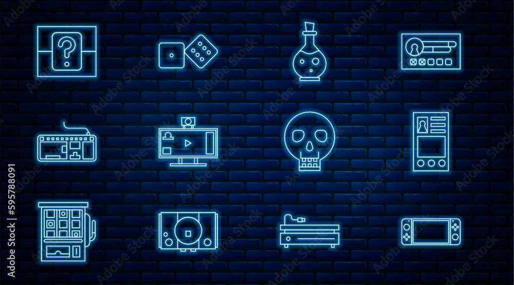Poster set line portable video game console, create account screen, bottle with magic elixir, live streamin