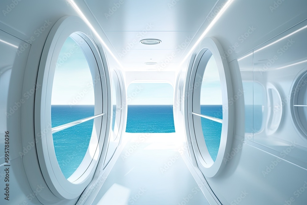 Poster an aerial view of the ocean from inside an airplane. generative ai
