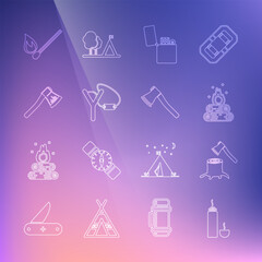 Set line Thermos container, Wooden axe stump, Campfire, Lighter, Slingshot, Burning match with and icon. Vector