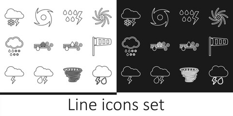 Set line Cloud with rain and lightning, Cone meteorology windsock wind vane, Storm, Wind snow, and Tornado icon. Vector