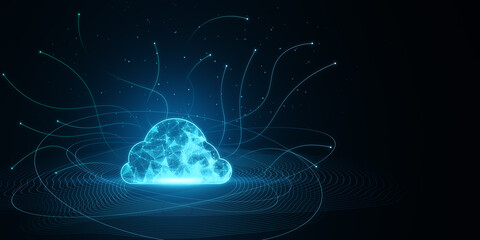 Digital polygonal cloud with lines on blue backdrop. Cloud storage and computing concept. 3D Rendering.